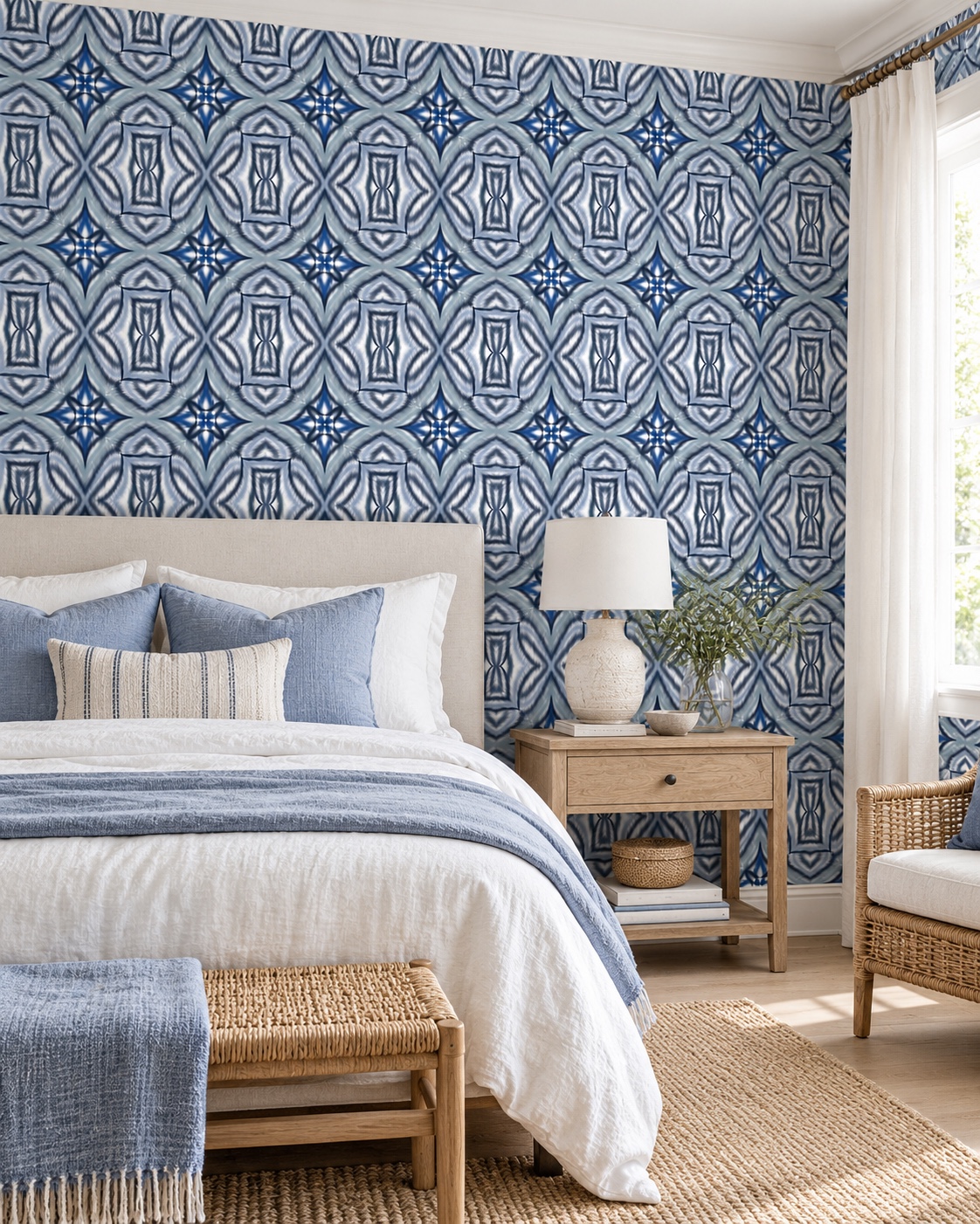 Blue Ornamental Mosaic — AI bedroom wallpaper concept