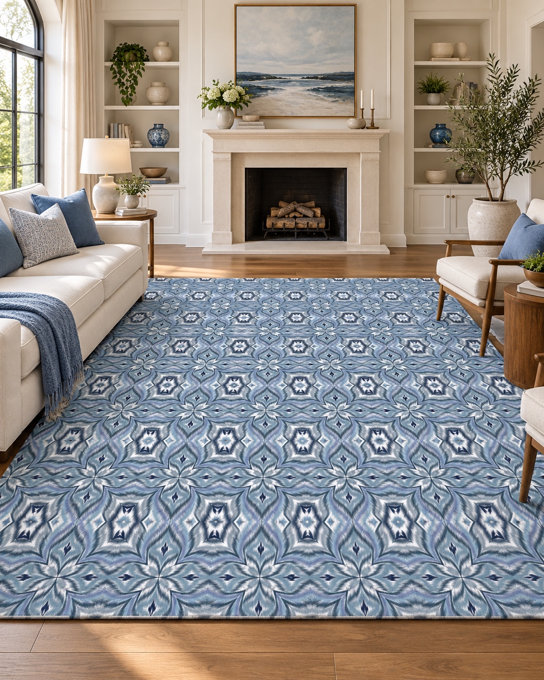 Blue Ornamental Mosaic — AI living room rug concept