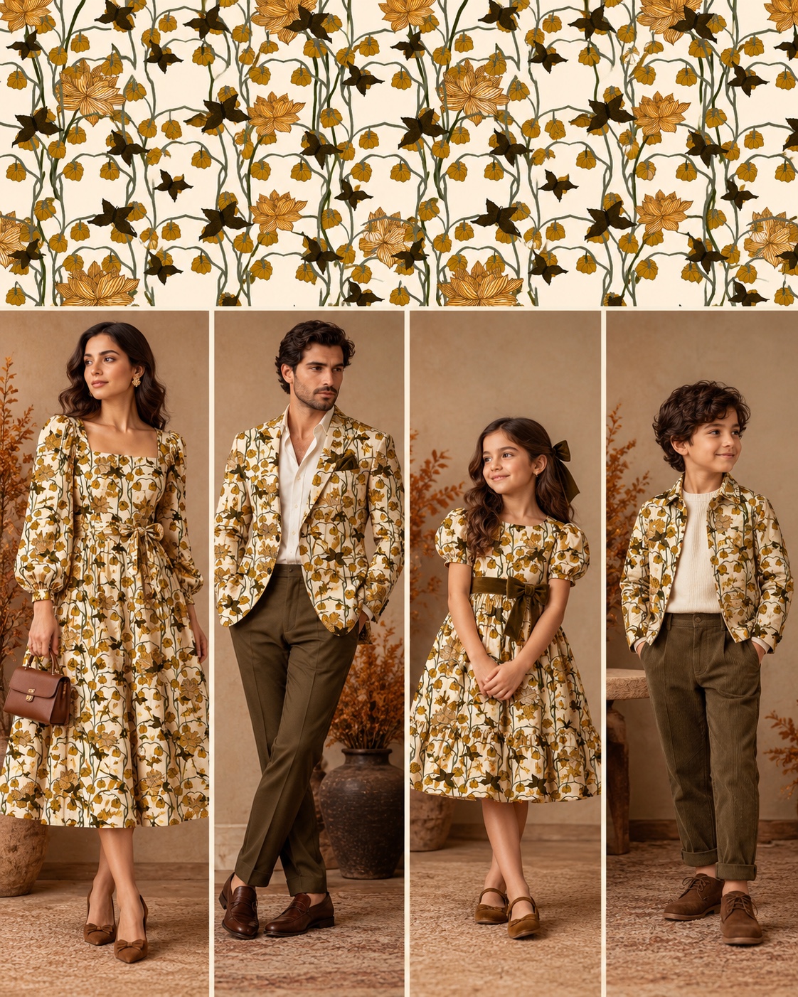 Golden botanical patterns on cream, imagined as coordinated autumn outfits for women, men and children.