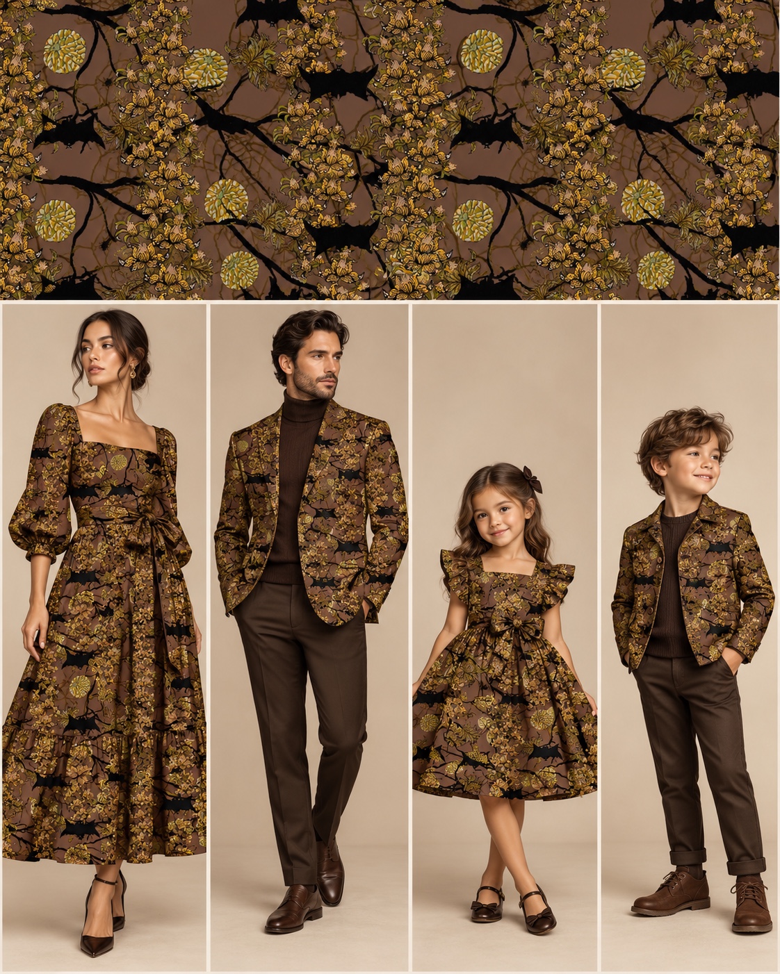 A dark woodland-inspired pattern in an AI family fashion concept board.