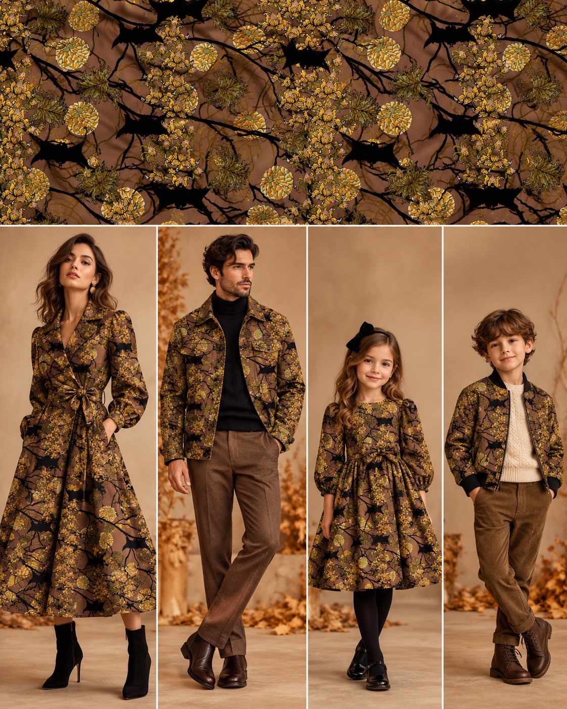 A second autumn styling concept featuring a rich woodland pattern for adults and children.