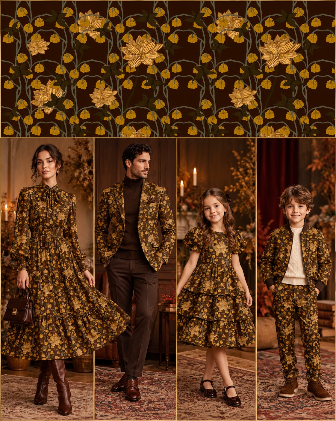 Golden floral motifs on a dark ground, imagined as festive family occasion wear.