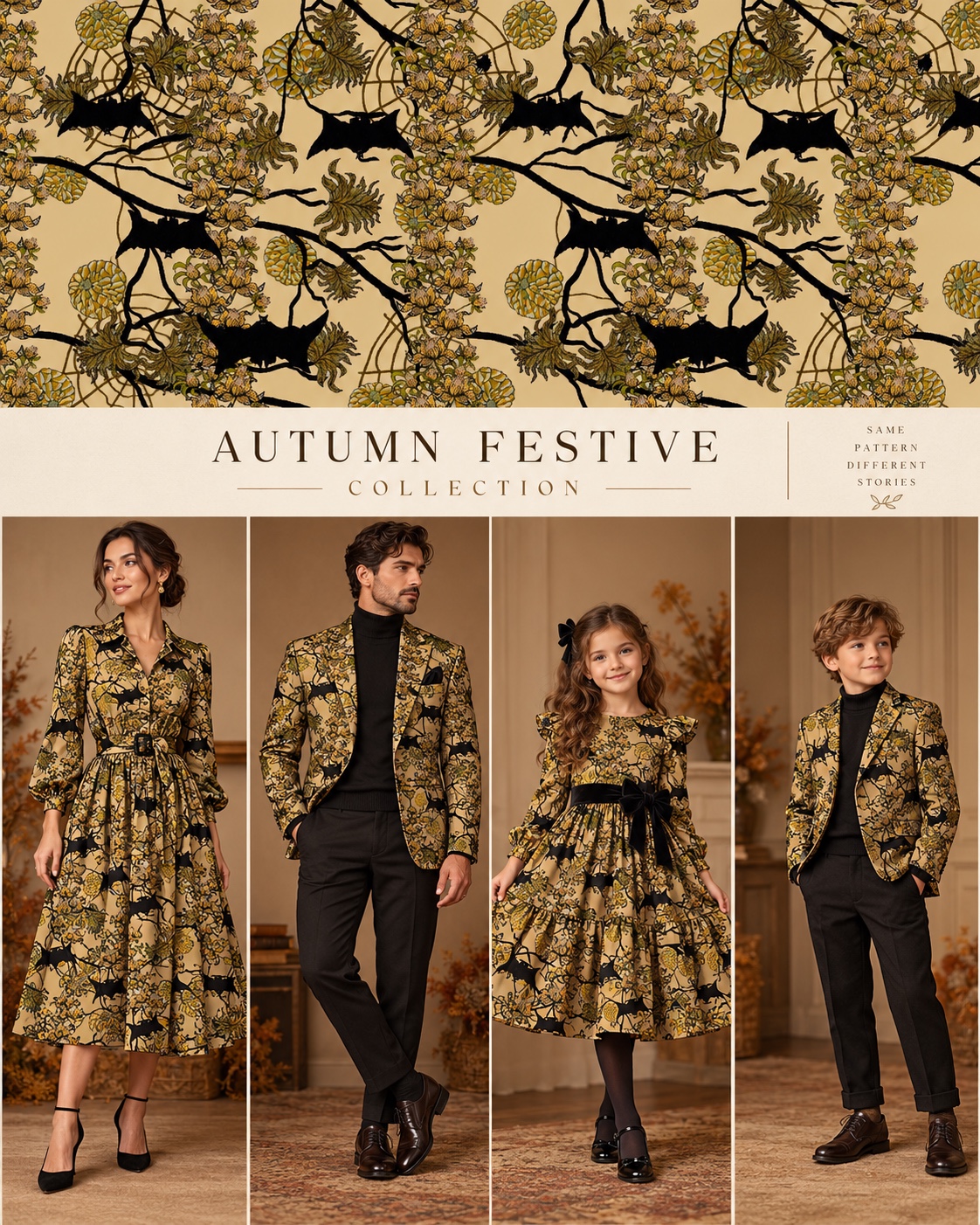 A woodland pattern with dark silhouettes on gold, shown in an AI autumn family fashion concept.