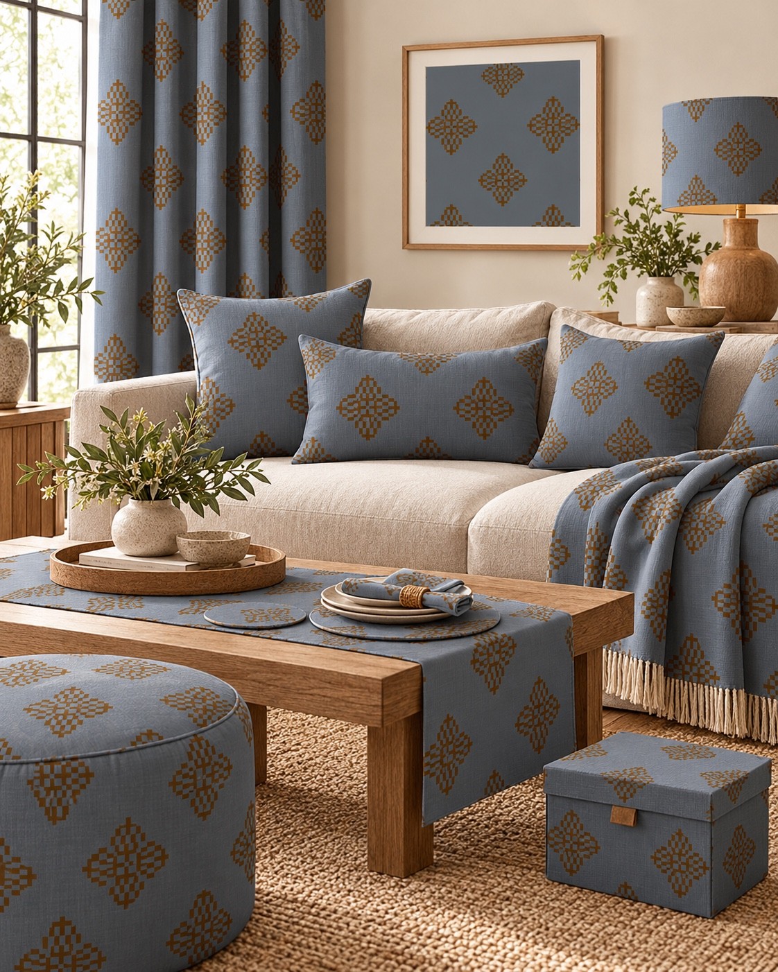 A soft blue living room concept with gold motifs across cushions, curtains and accessories. AI-generated home décor concept.