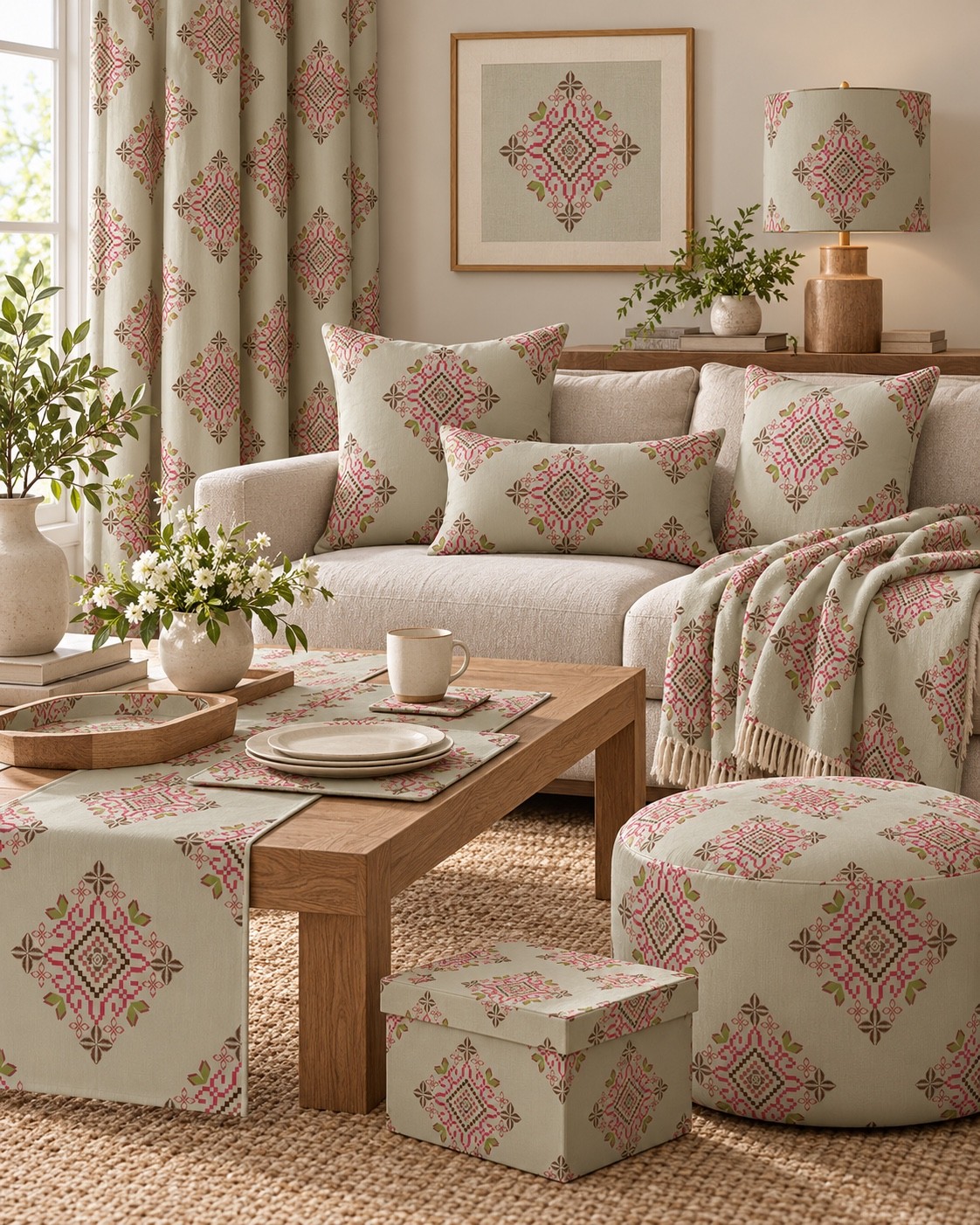A light sage and rose interior concept with coordinated soft furnishings and decorative accents. AI-generated home décor concept.
