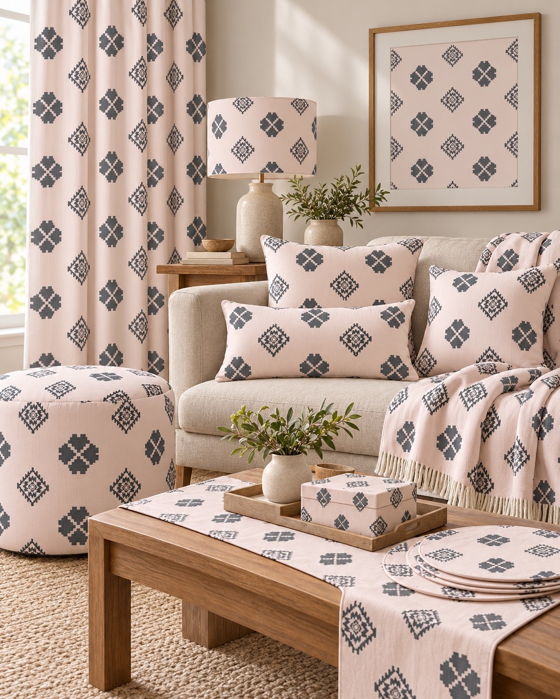 A blush pink room concept with dark diamond motifs repeated across furnishings. AI-generated home décor concept.