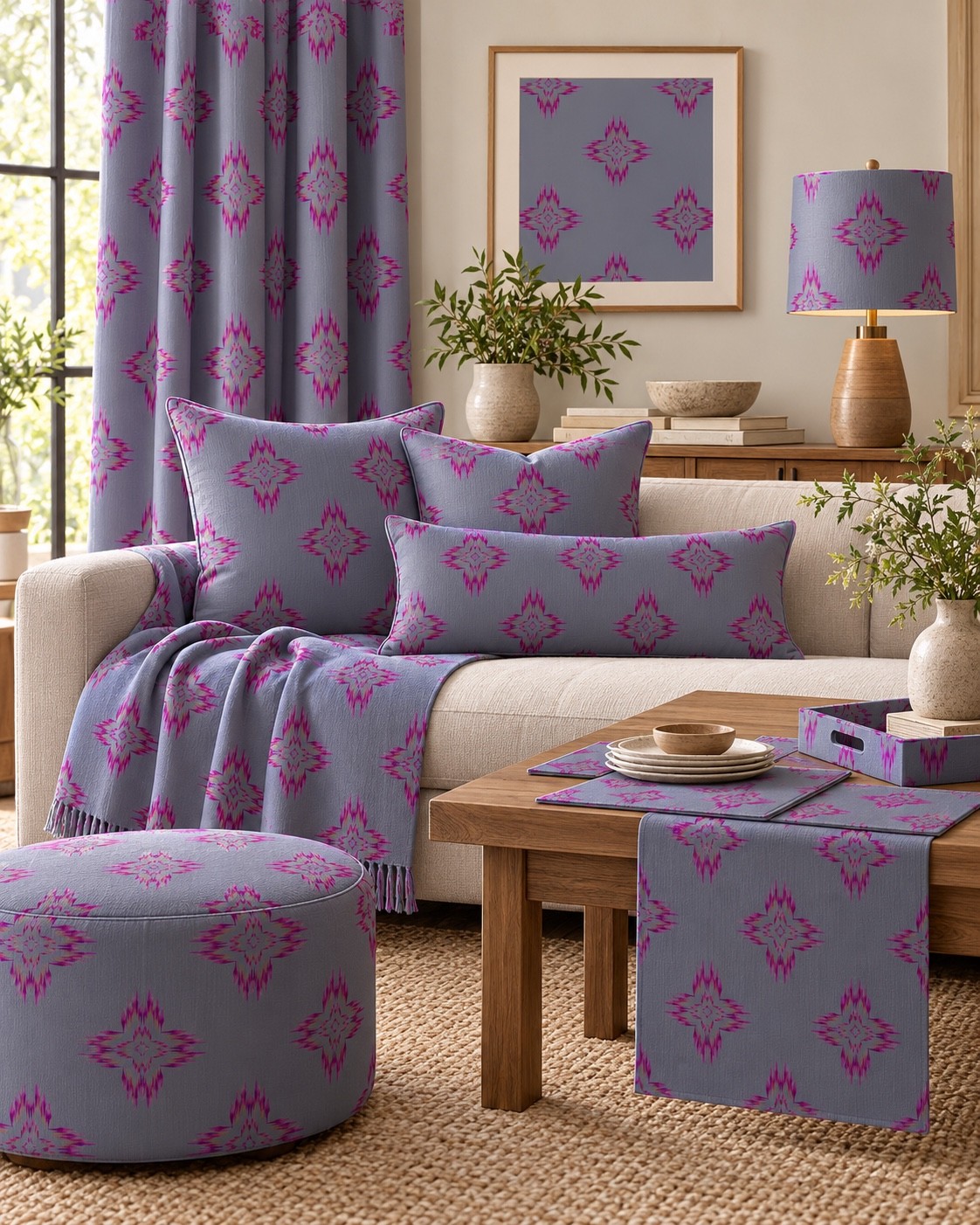 A violet interior concept with bright pink geometric accents and coordinating accessories. AI-generated home décor concept.