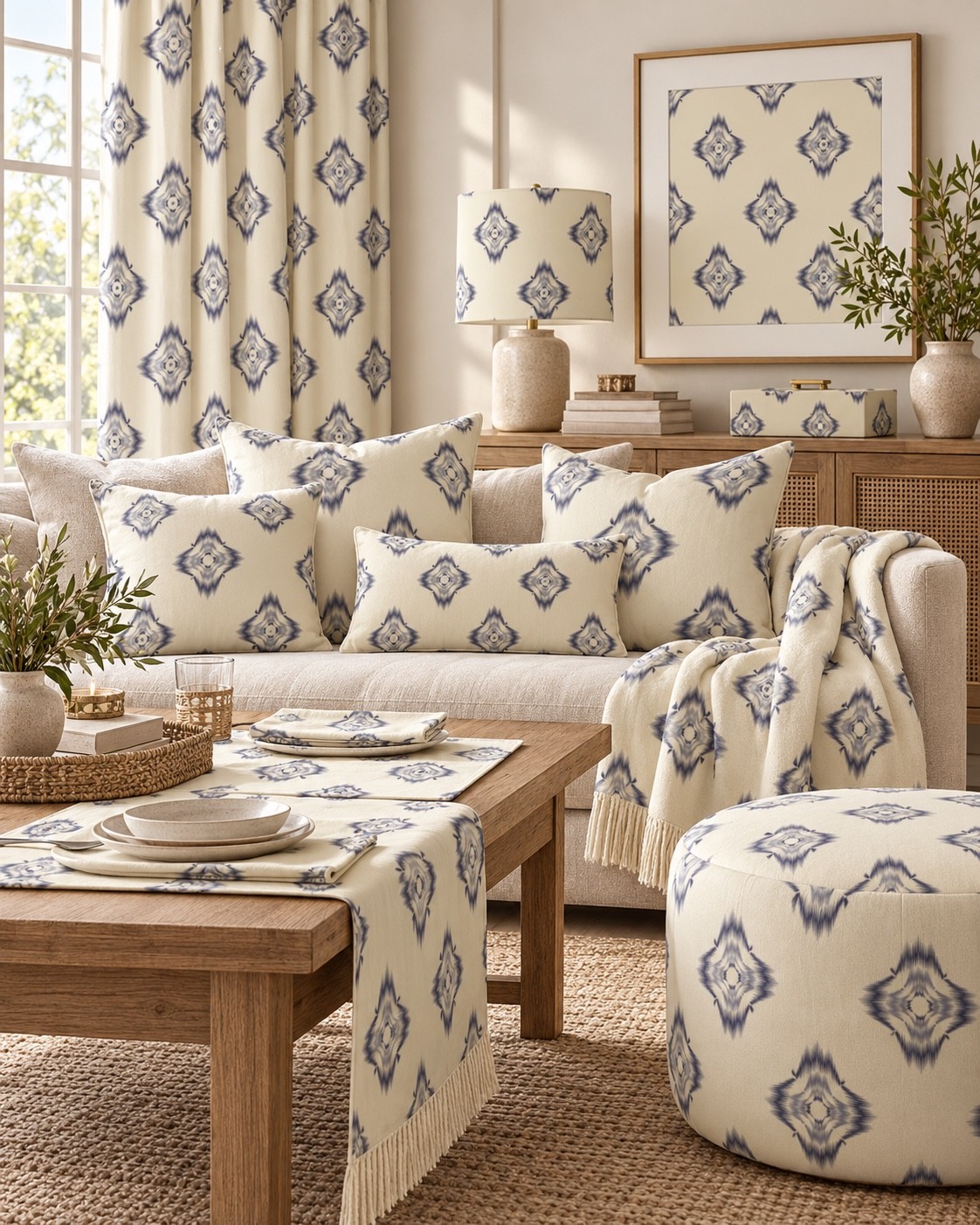 An ivory room concept with slate blue diamond motifs across curtains, cushions and upholstery. AI-generated home décor concept.