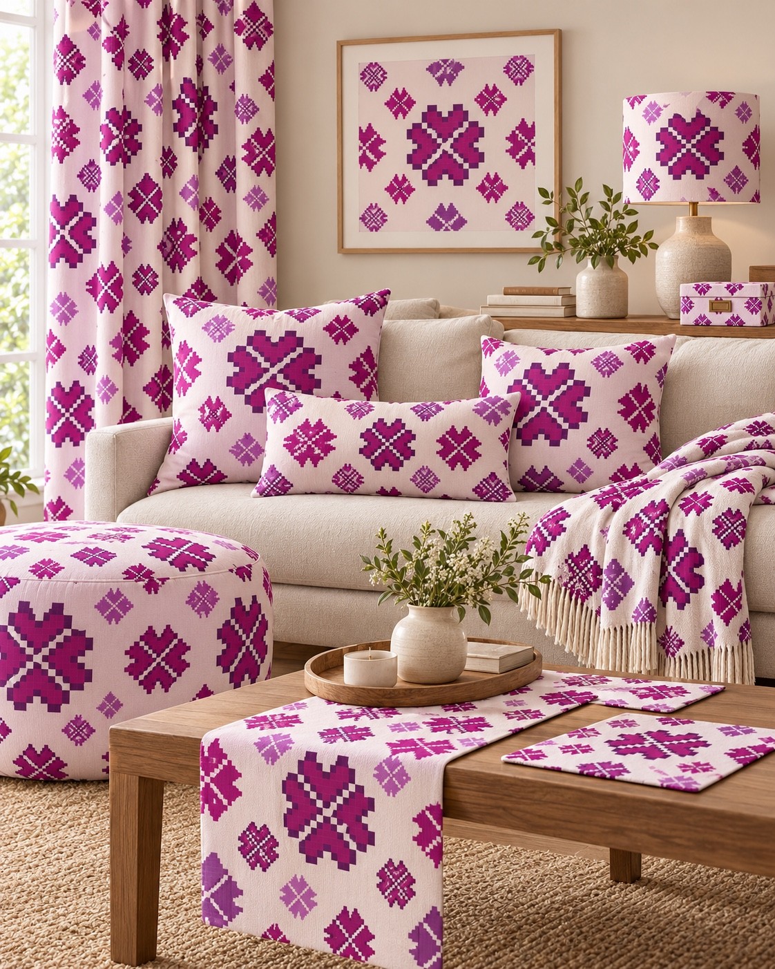 A cream and magenta living room concept featuring bold geometric arrangements. AI-generated home décor concept.