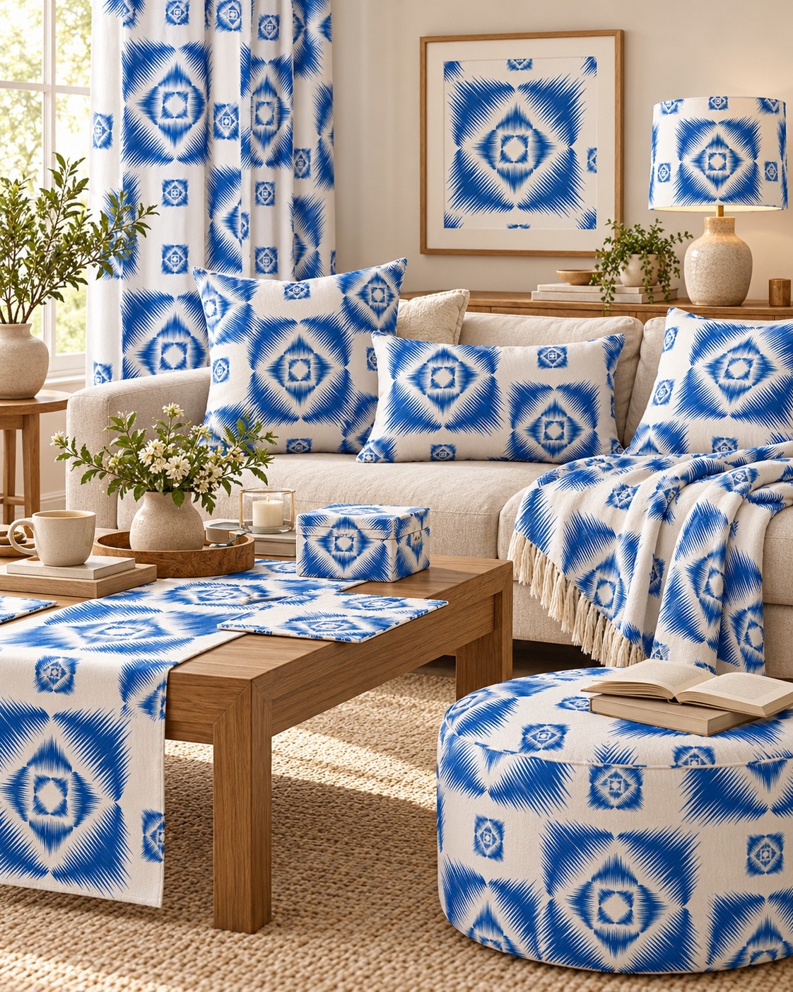 A blue and ivory interior concept with tile-inspired geometric motifs. AI-generated home décor concept.