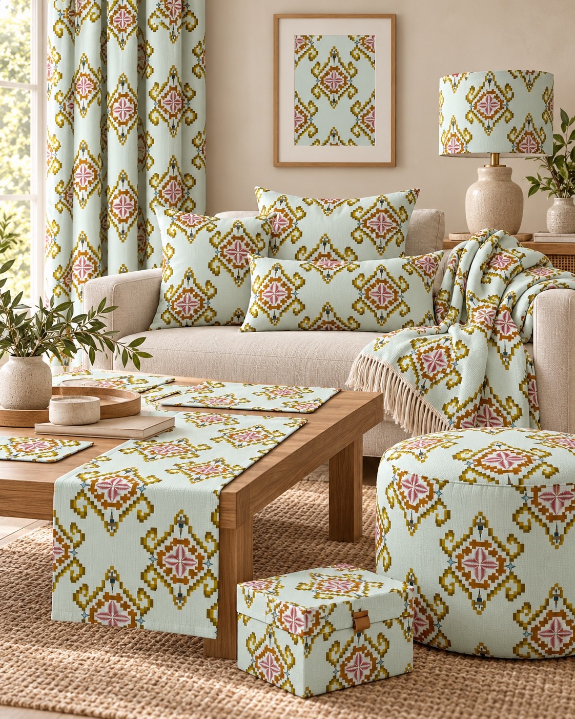 A pale green room concept with colourful ornamental shapes across soft furnishings. AI-generated home décor concept.