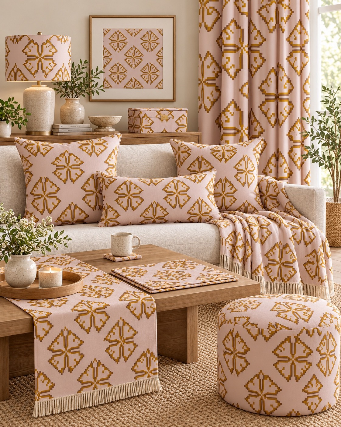 A warm sand interior concept with golden geometric motifs and natural textures. AI-generated home décor concept.