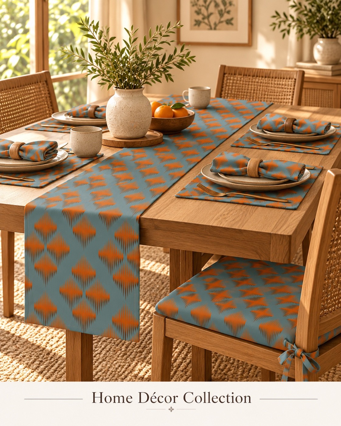 A dining concept with orange diamond motifs on teal table linen. AI-generated home décor concept.