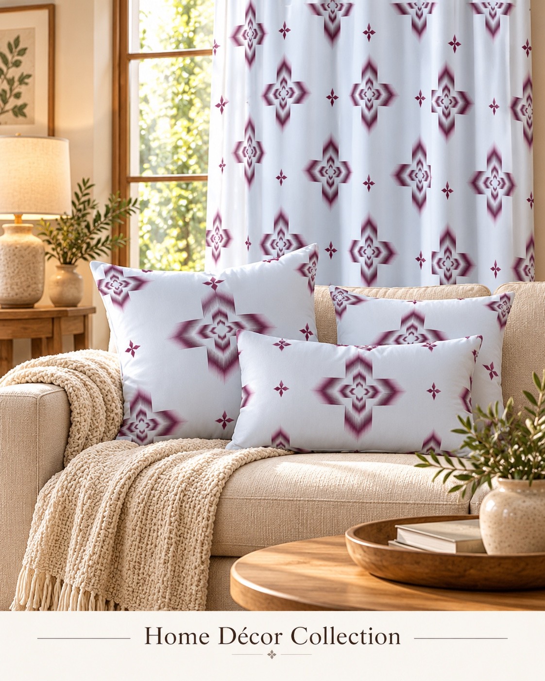 A lavender and plum concept for curtains and coordinating cushions. AI-generated home décor concept.