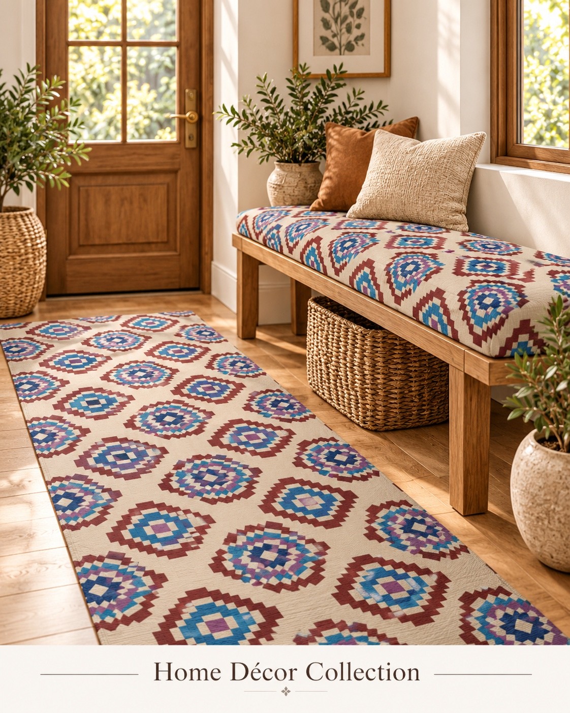 A coordinated rug and bench cushion concept with blue and terracotta geometric motifs. AI-generated home décor concept.