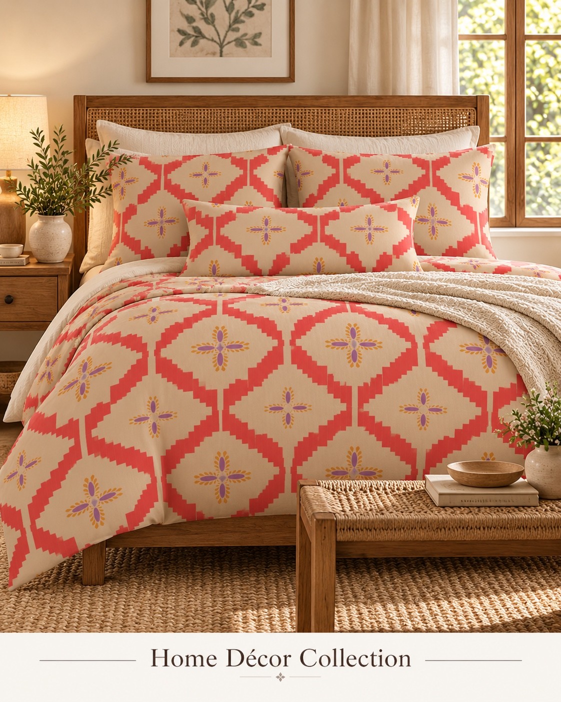 A bedroom concept with coral geometric motifs on a cream ground. AI-generated home décor concept.