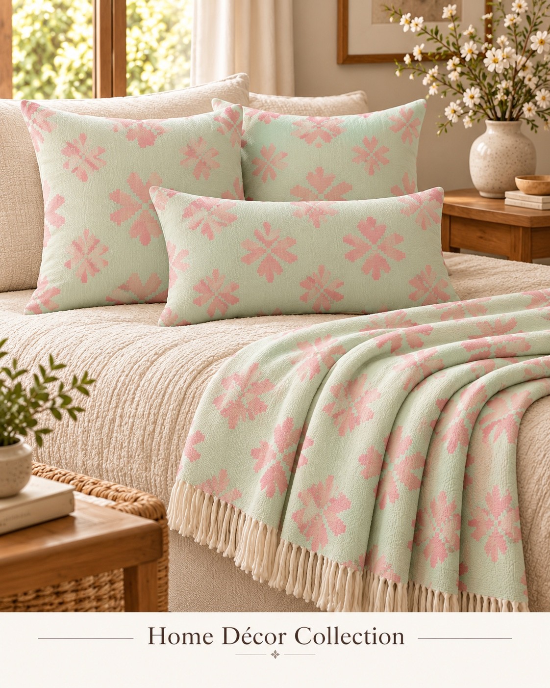 A soft mint and pink floral bedding concept. AI-generated home décor concept.