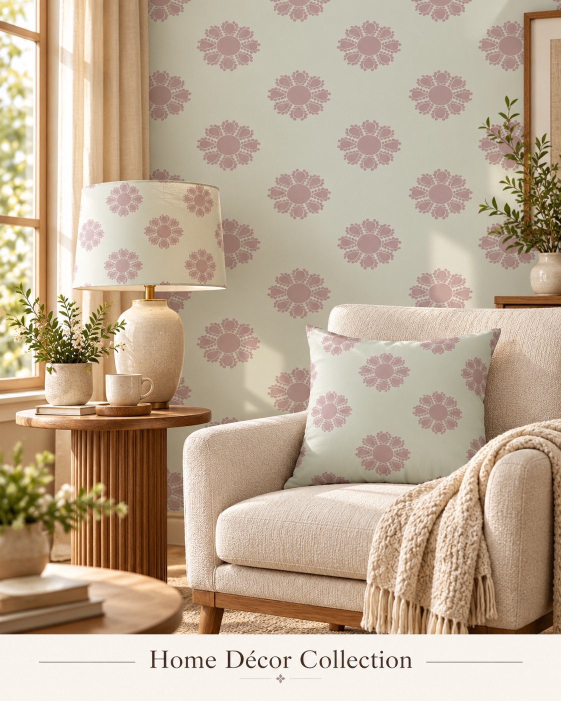 A reading corner concept with pale green and pink floral wallpaper and accessories. AI-generated home décor concept.
