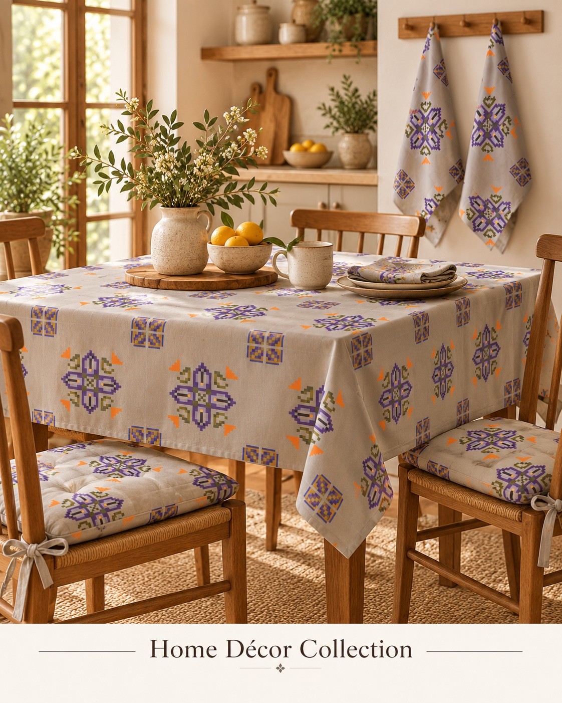 A dining concept with violet floral motifs on warm cream table linen and curtains. AI-generated home décor concept.