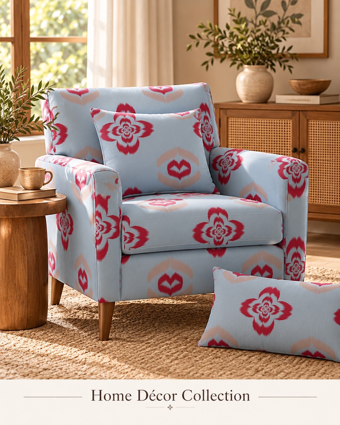 A sky blue armchair concept with red floral and heart motifs. AI-generated home décor concept.