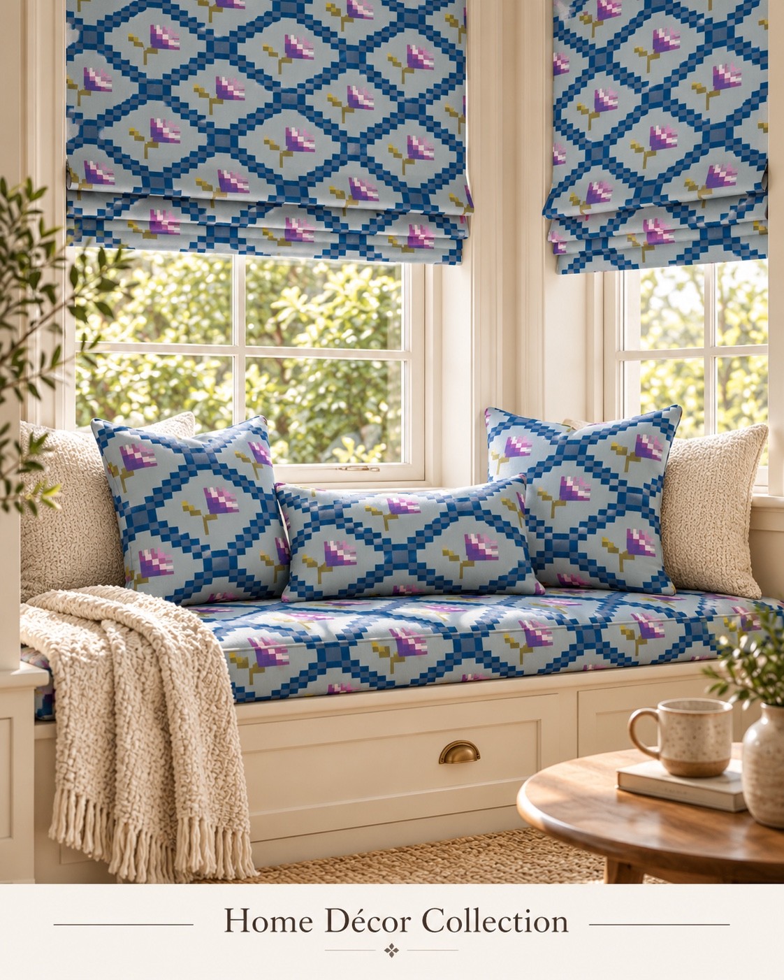A window seat concept with blue geometric blinds and coordinating cushions. AI-generated home décor concept.