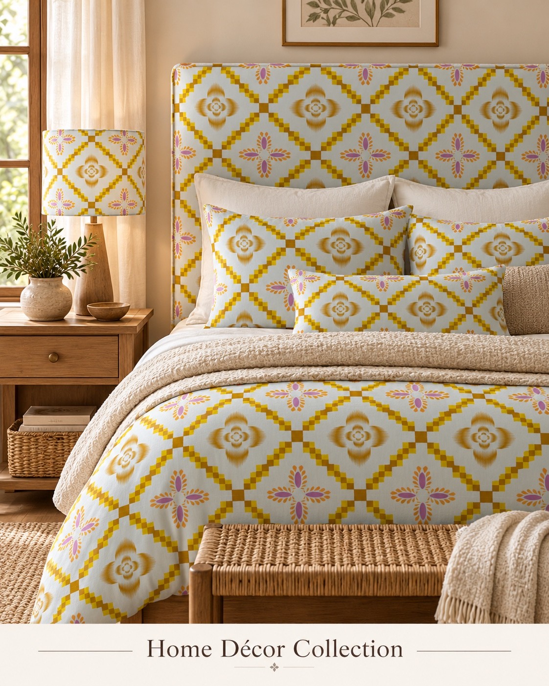 A bedroom concept with golden lattice lines and small pink accents. AI-generated home décor concept.