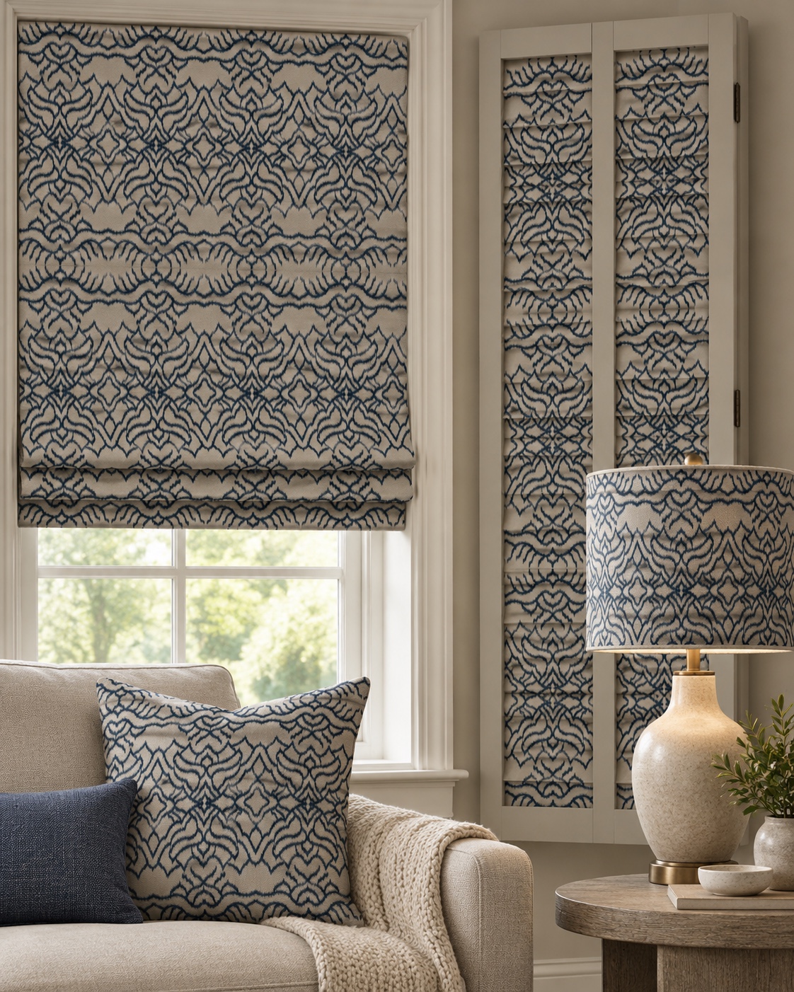 Indigo Flow Upholstery — AI blinds, wall panels and lampshade concept