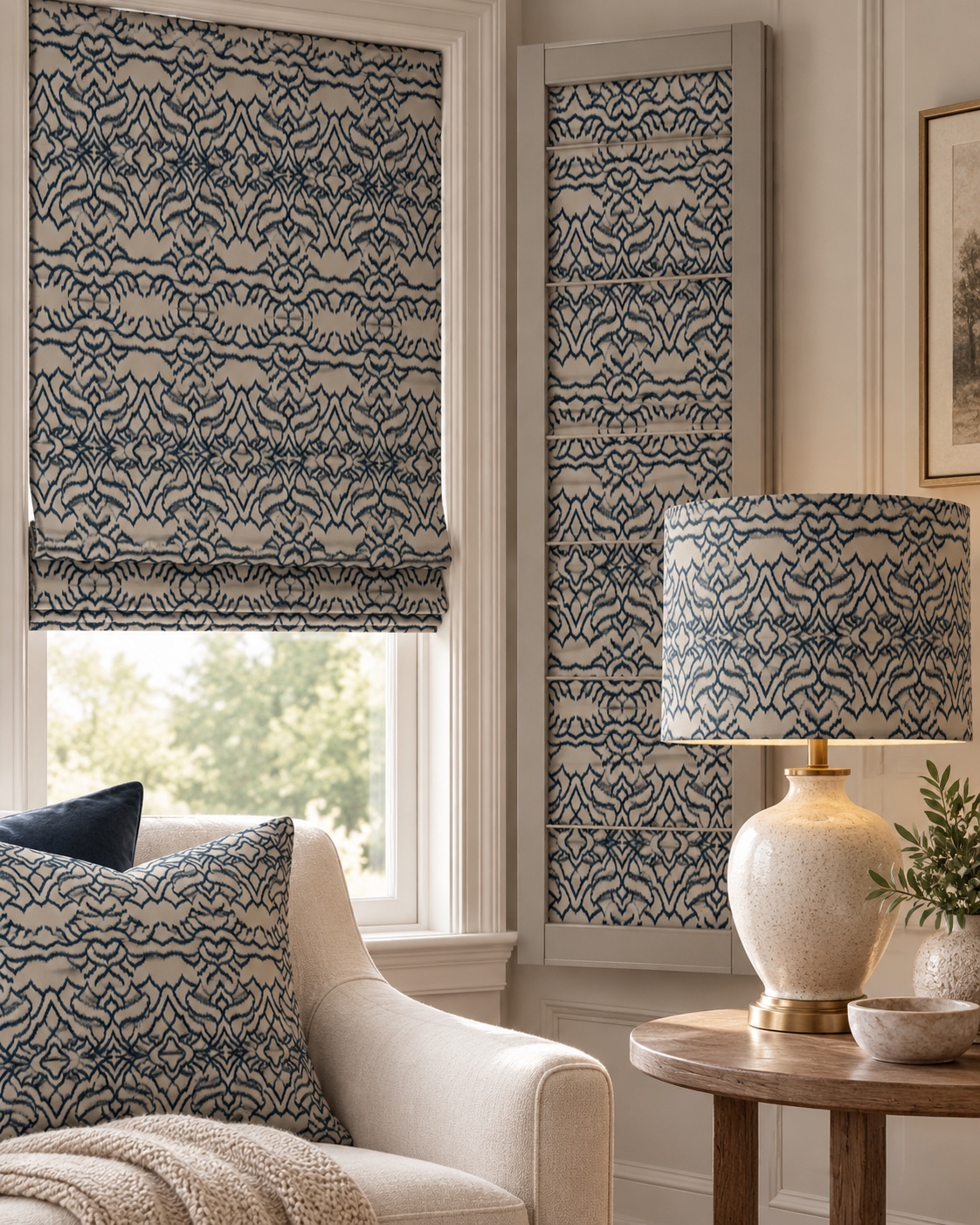 Indigo Flow Upholstery — AI blinds, wall panels and lampshade concept