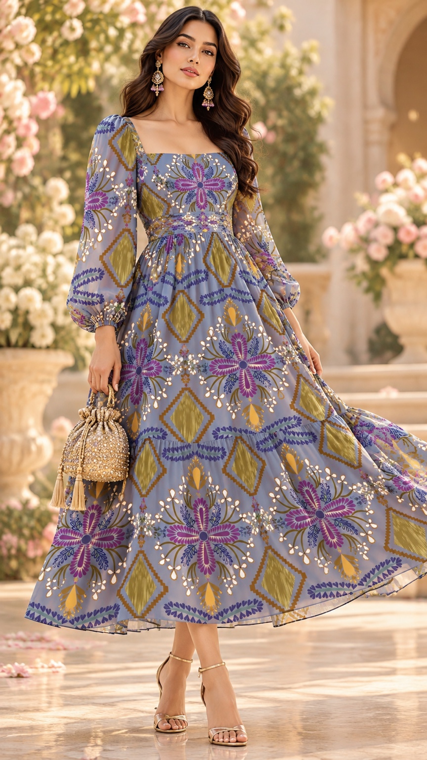 Slate Blossom & Gold — AI fashion concept · Womenswear