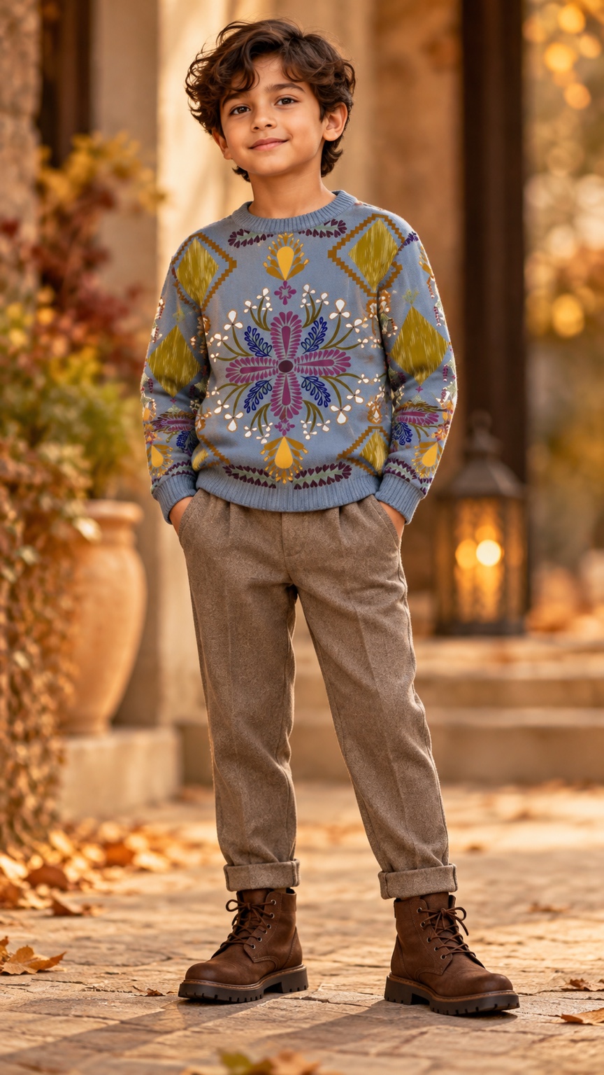 Slate Blossom & Gold — AI fashion concept · Boyswear